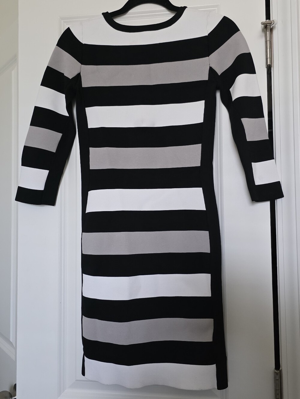 BCBGMaxAzria Black, White & Gray Striped Midi Sheath Dress - Picture 5 of 5